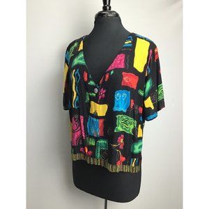 Vintage, Beaded Trimmed Cropped Rayon Top, size XL